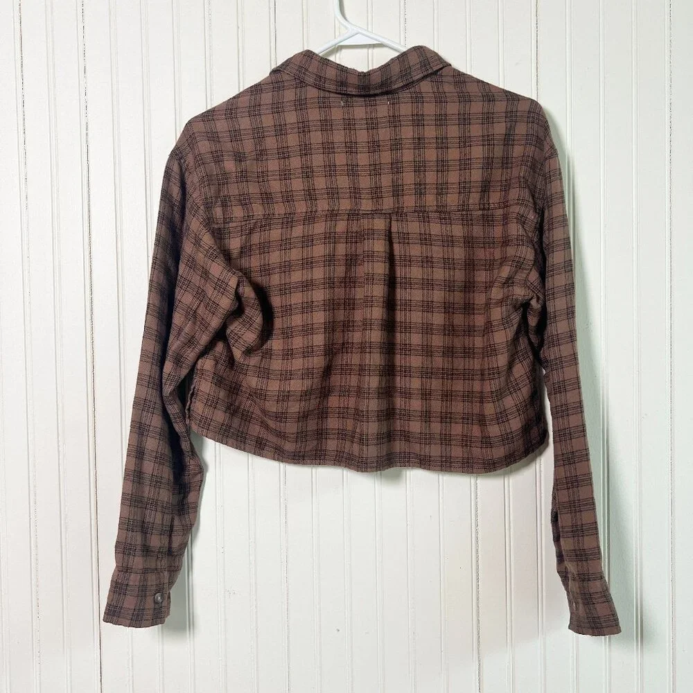 Hollister Shirt Women's XS Brown Flannel Button Up Cropped Plaid‎ Long Sleeve